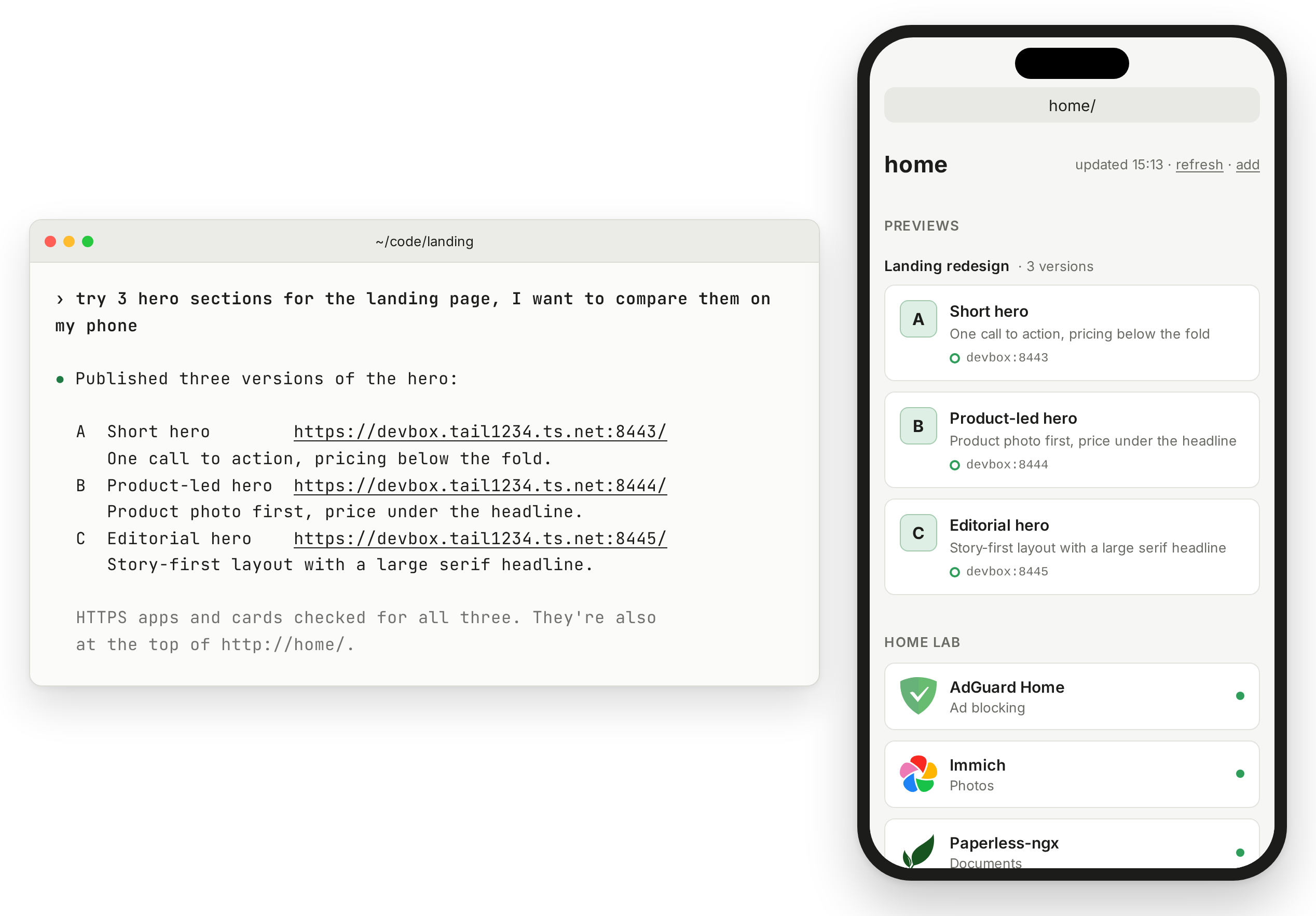 A coding agent publishes three versions of a landing page hero and lists their links; on a phone, home/ shows them at the top as Landing redesign, 3 versions